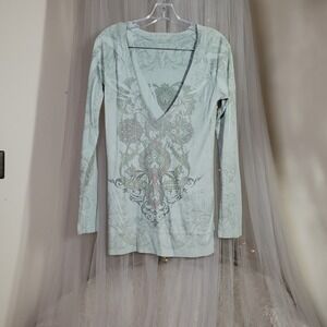 Vintage Y2K Ethereal Green Damask Graphic Top Soft Grunge Tattoo V-Neck Large